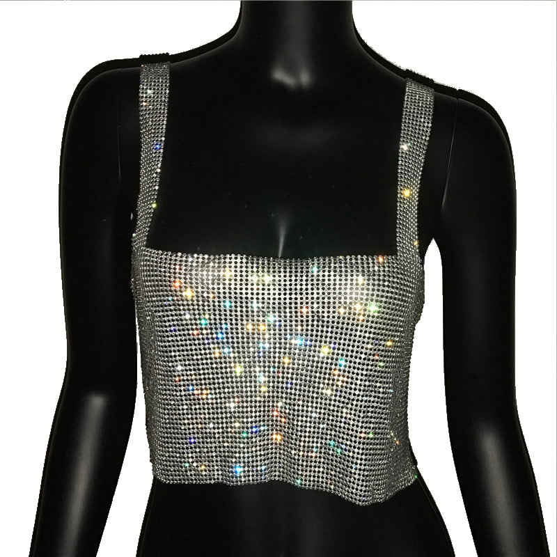 Bella Fancy Dresses US 0 Bling Rhinestones Party Crop Top 2022 Fashion Solid Backless Straps Full Diamonds Sequins Cami Cropped Top for Women