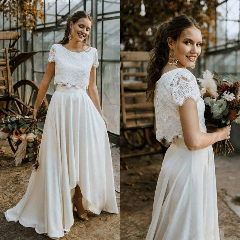 Bella Fancy Dresses US 0 Bohemian Two Pieces Wedding Dresses 2021 Lace Top Short Sleeve Bridal Gown Jewel Neck Beach Wedding Gown Vestidos De Novia