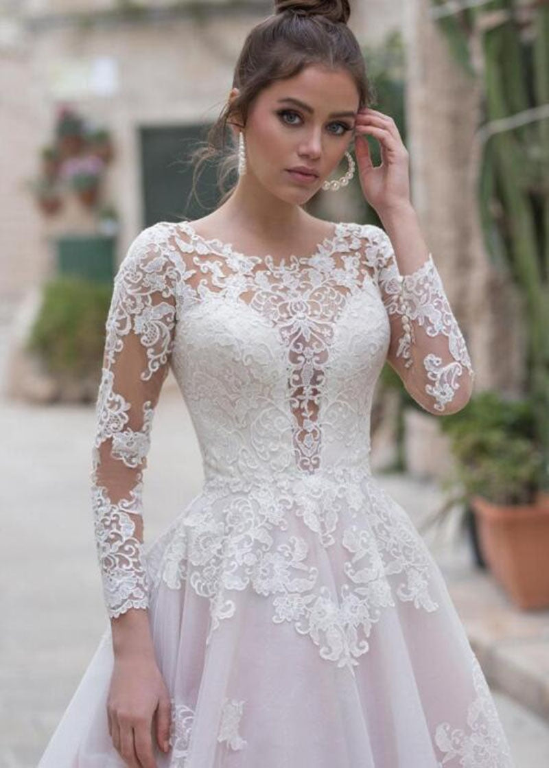 Bella Fancy Dresses US 0 Boho A-line Wedding Dresses Pink Long Sleeves Lace Appliques Tull Bridal Dress Wedding Gown 2021 For Women vestido de novia