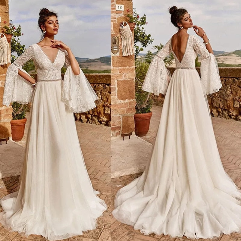 Bella Fancy Dresses US 0 Boho Chiffon Flare Sleeve Wedding Dress 2022 A-Line Fashion Lace V-Neck Bride Gown For Bride Illlusion Backless Vestido De Novia