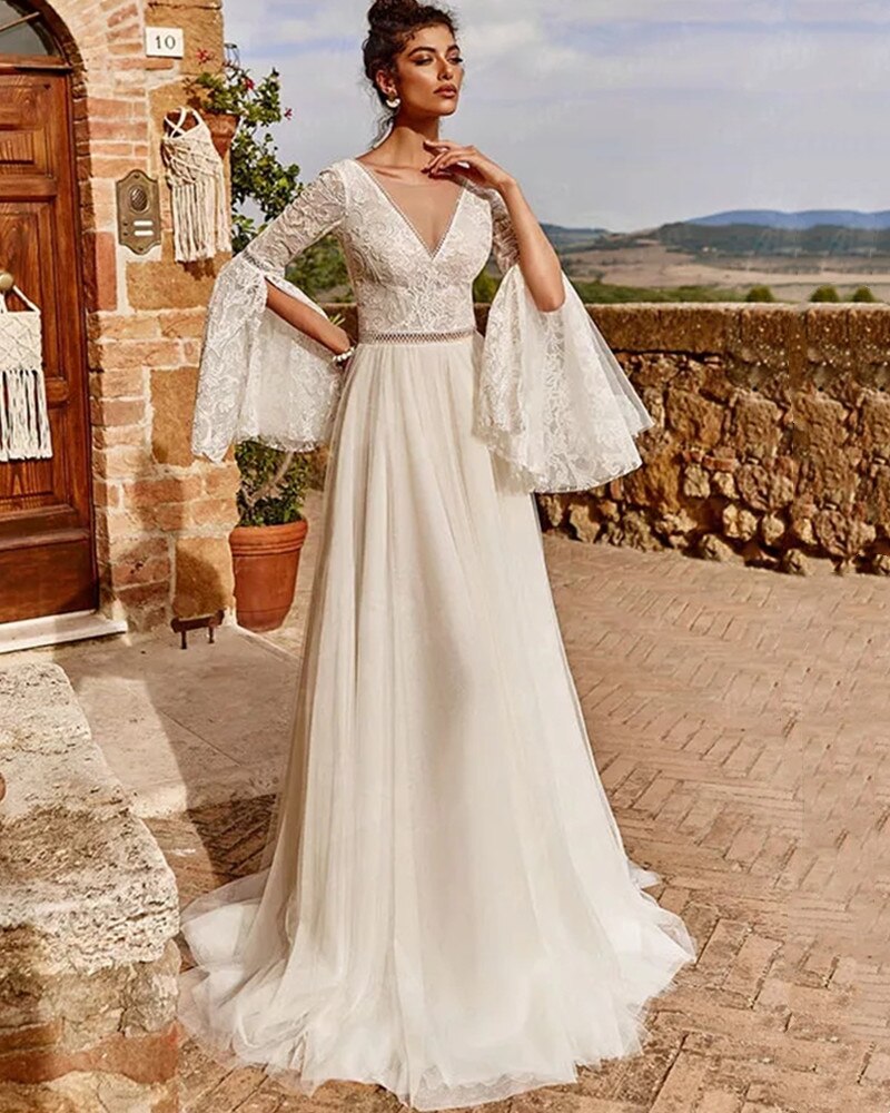 Bella Fancy Dresses US 0 Boho Chiffon Flare Sleeve Wedding Dress 2022 A-Line Fashion Lace V-Neck Bride Gown For Bride Illlusion Backless Vestido De Novia