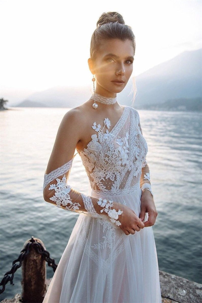 Bella Fancy Dresses US 0 Boho Long Sleeves Wedding Dresses 2021 White Dots Appliques Lace Bridal Gowns Tulle Beach Bohemian Party Floor Lenth Custom Made