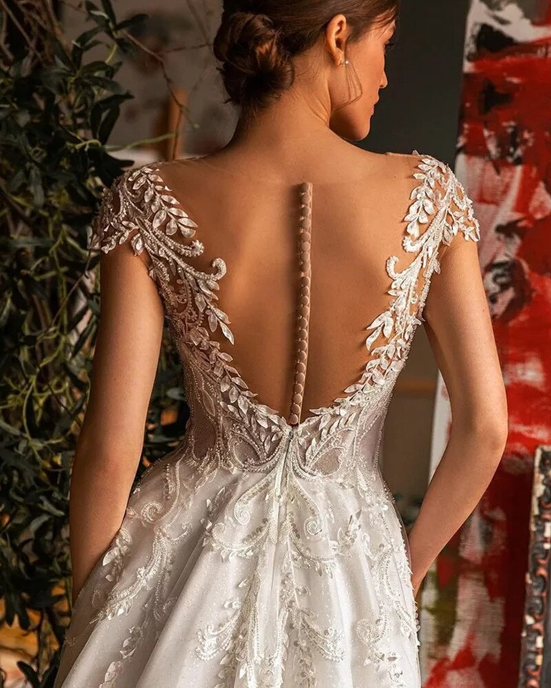 Bella Fancy Dresses US 0 Boho Off The Shoulder Lace Wedding Dress 2022 A-Line Fashion V-Neck Illlusion Bride Gown With Button For Bride Vestido De Novia