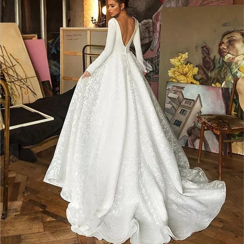 Bella Fancy Dresses US 0 Boho Robe De Mariee Vestido Novia Wedding Dress Satin Longue Long Sleeves Robe De Soiree Simple Bride To Be