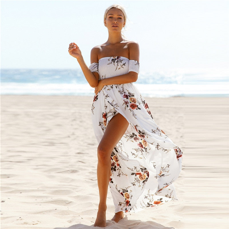 Bella Fancy Dresses US 0 Boho style long dress women Off shoulder beach summer dresses Floral print Vintage chiffon white maxi dress vestidos de festa