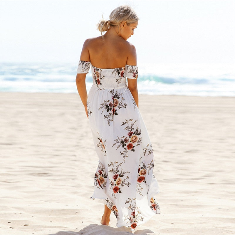 Bella Fancy Dresses US 0 Boho style long dress women Off shoulder beach summer dresses Floral print Vintage chiffon white maxi dress vestidos de festa