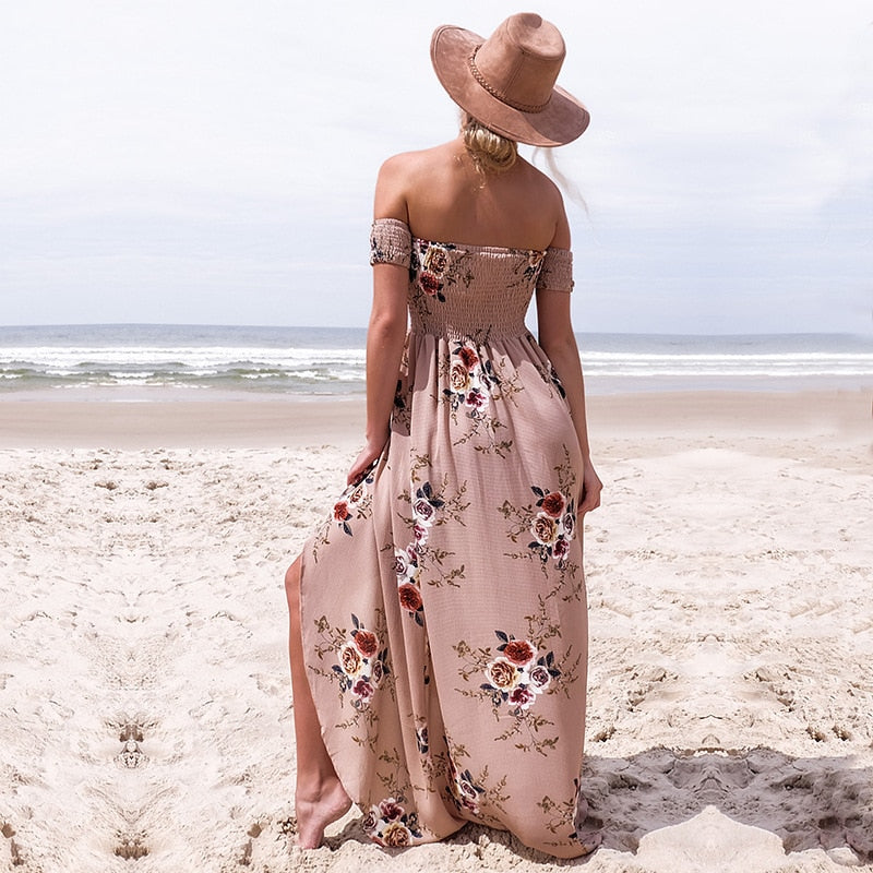 Bella Fancy Dresses US 0 Boho style long dress women Off shoulder beach summer dresses Floral print Vintage chiffon white maxi dress vestidos de festa