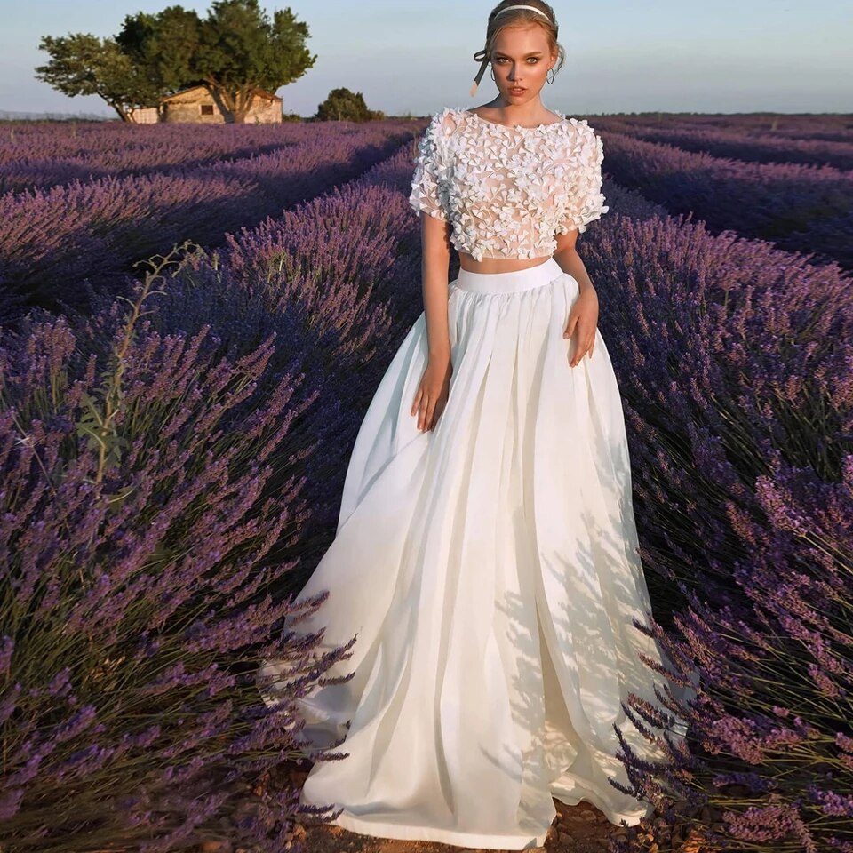 Bella Fancy Dresses US 0 Boho Two Pieces Wedding Dress O-neck 3D Lace Appliques Chiffon Short Sleeves Country Vestidos De Novia Bridal Gowns Floor Length