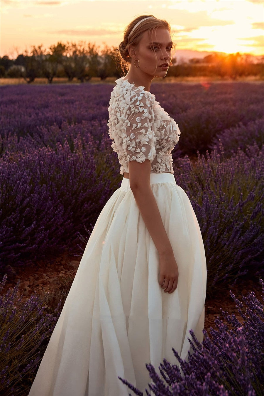 Bella Fancy Dresses US 0 Boho Two Pieces Wedding Dress O-neck 3D Lace Appliques Chiffon Short Sleeves Country Vestidos De Novia Bridal Gowns Floor Length