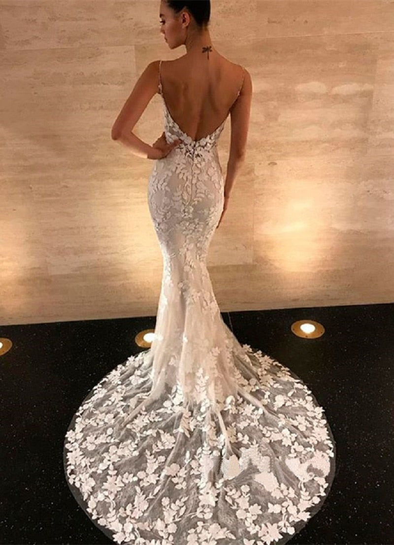 Bella Fancy Dresses US 0 Boho Wedding Dresses Mermaid Bridal Dress 2022 Spaghetti Straps Backless Lace Appliques Beach Bride Gowns Vestido De Noiva