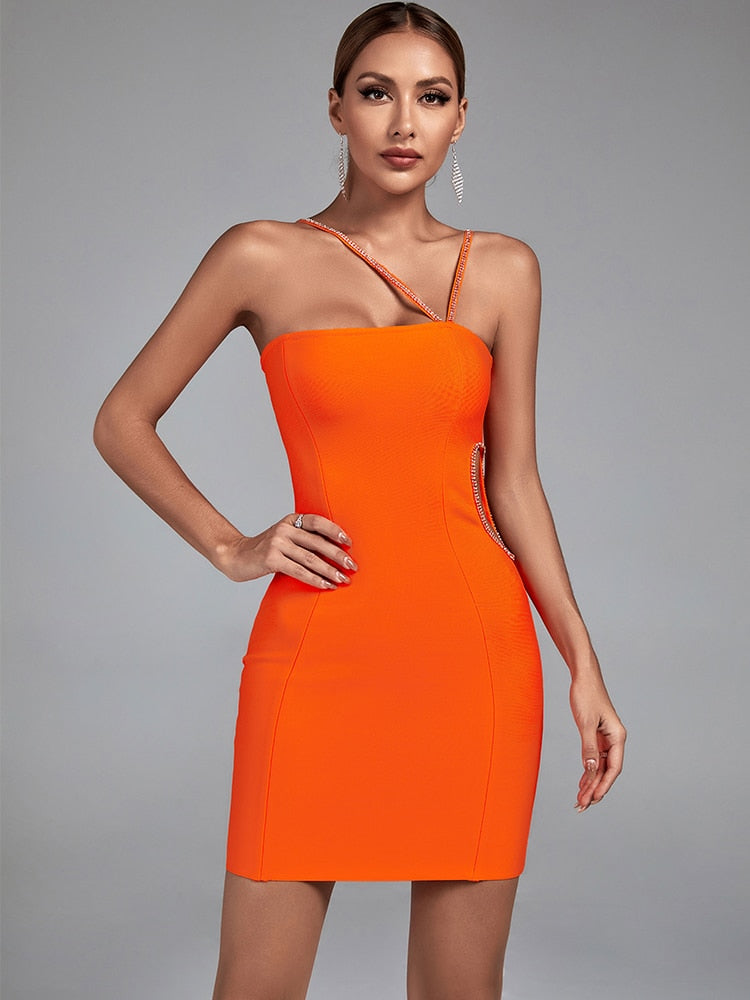 Bella Fancy Dresses US 0 Crystal Bandage Dress Orange Bodycon Dress Evening Party Elegant Sexy Cut Out Mini Birthday Club Outfits 2022 Summer New Arrival