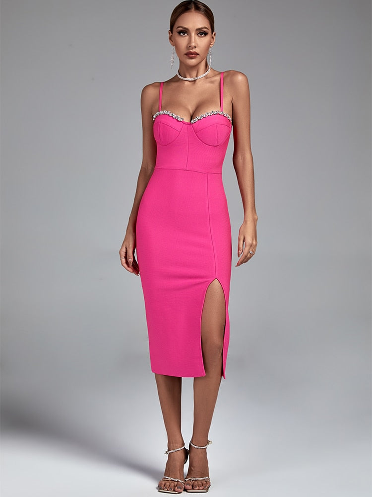 Bella Fancy Dresses US 0 Crystal Bandage Dress Pink Bodycon Dress Evening Party Elegant Sexy Midi Birthday Club Outfit 2022 Summer New Fashion