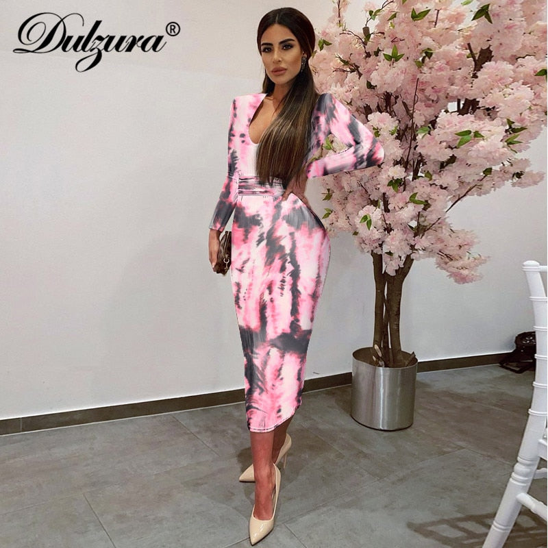 Bella Fancy Dresses US 0 Dulzura tie dye print women midi dress long sleeve bodycon sexy bandage bodycon sexy 2020 autumn winter clothes party dinner