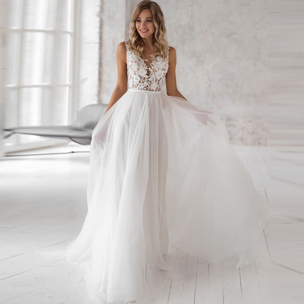 Bella Fancy Dresses US 0 Elegant Jewel Bohemian Wedding Dresses 2021 Lace Appliques Bridal Dress Custom Made Plus Size Wedding Gown vestidos de noiva
