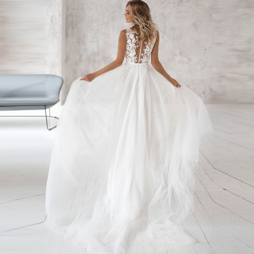 Bella Fancy Dresses US 0 Elegant Jewel Bohemian Wedding Dresses 2021 Lace Appliques Bridal Dress Custom Made Plus Size Wedding Gown vestidos de noiva