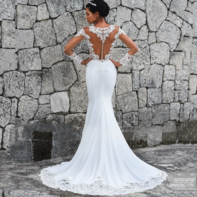 Bella Fancy Dresses US 0 Elegant Scoop Mermaid Wedding Dresses Long Sleeves Illusion Back Buttons Lace Applique Satin Sweep Train Vestido De Noiva 2021