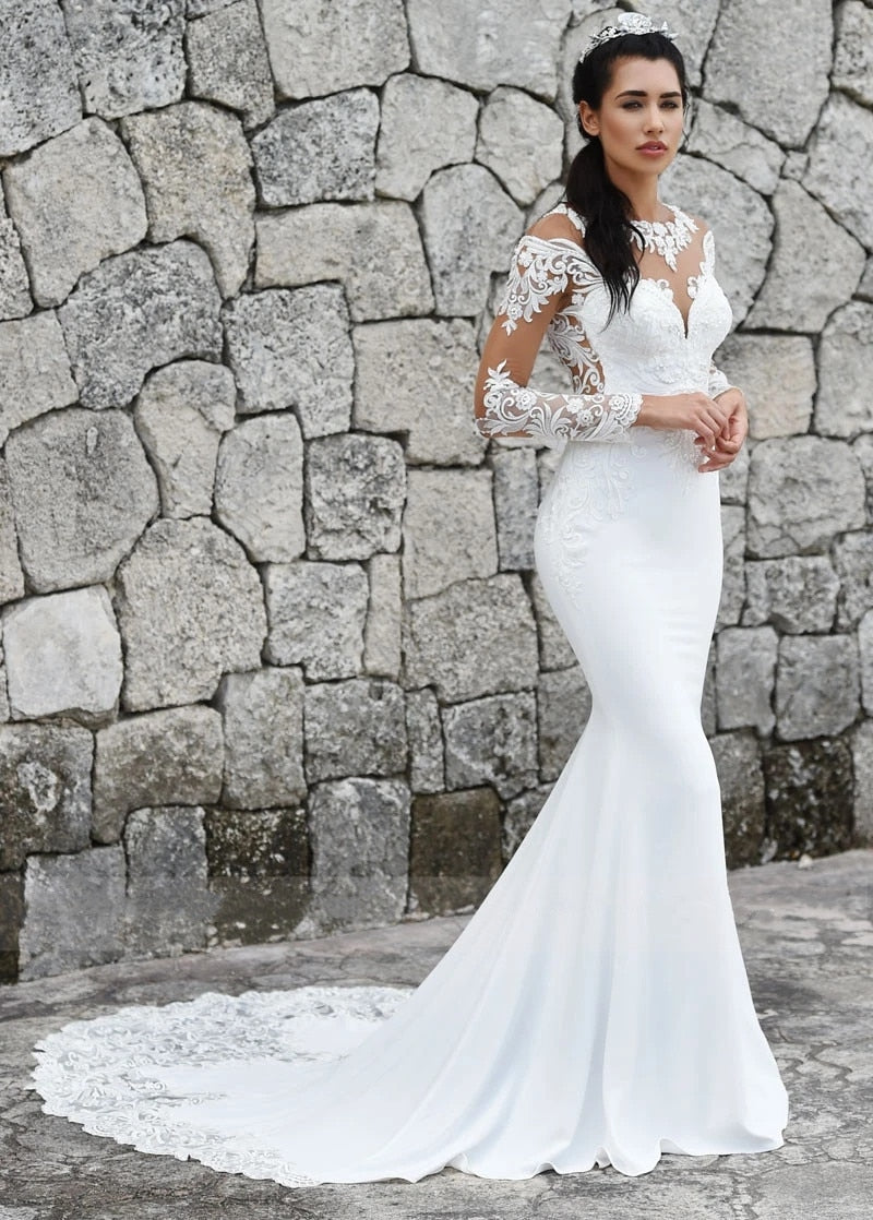 Bella Fancy Dresses US 0 Elegant Scoop Mermaid Wedding Dresses Long Sleeves Illusion Back Buttons Lace Applique Satin Sweep Train Vestido De Noiva 2021