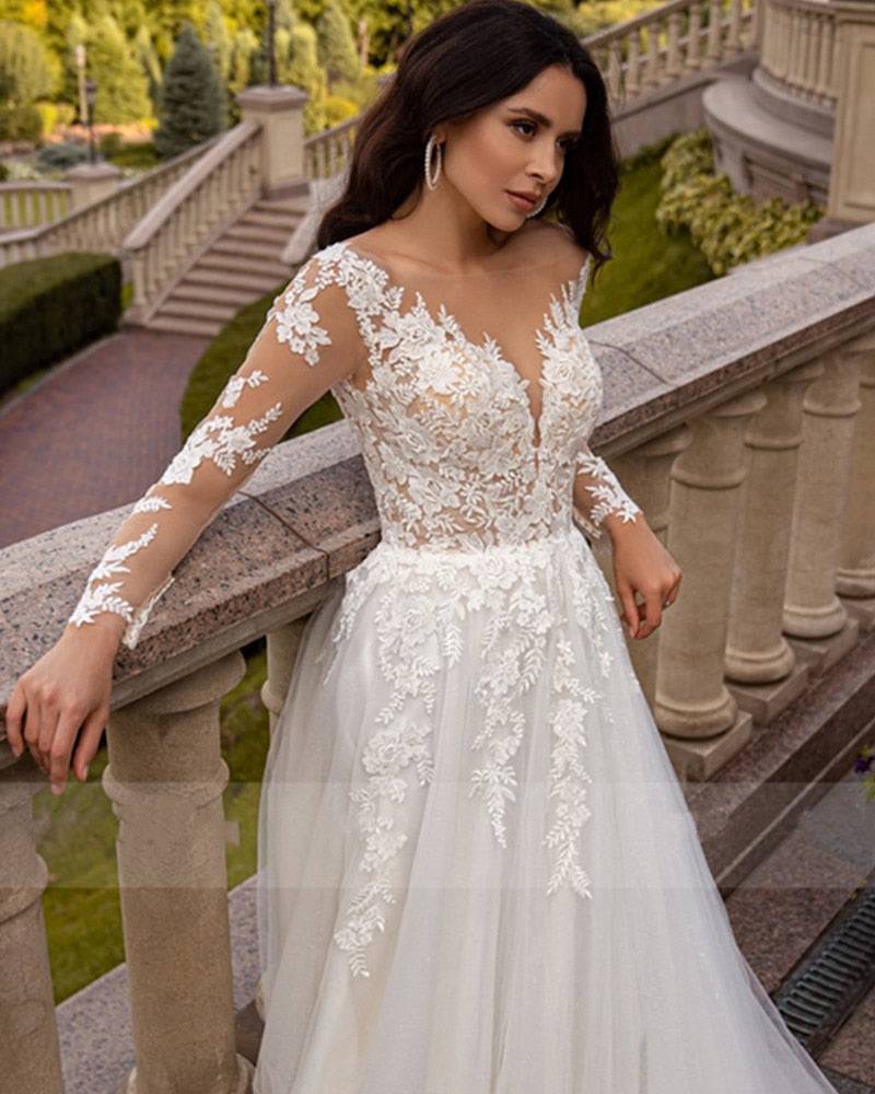 Bella Fancy Dresses US 0 Fashion Lace Wedding Dress Long Sleeves 2022 For Bride Sexy V-Neck A-Line Wedding Gown Lace Up Pleat Tulle Robe De Mariée