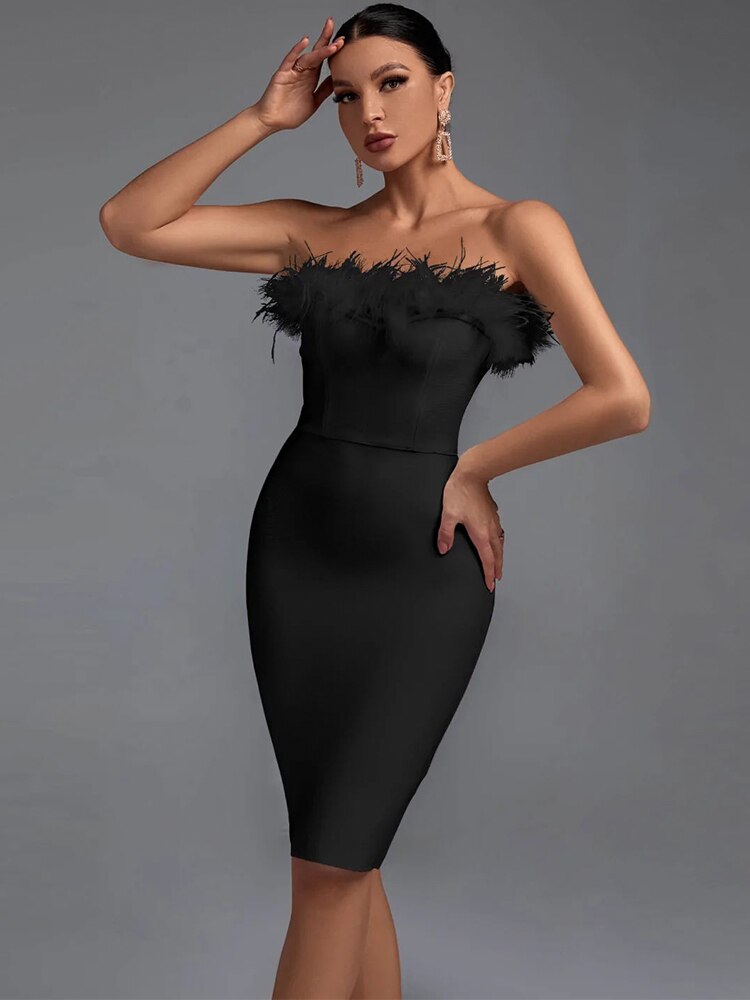 Bella Fancy Dresses US 0 Feather Bandage Dress 2022 Women Black Bandage Dress Bodycon Elegant Sexy Strapless Evening Party Dress Summer Club Outfits