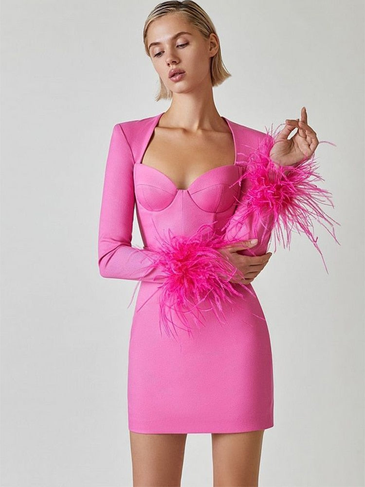 Bella Fancy Dresses US 0 Feather Bandage Dress 2023 Elegant Women's Dresses for Party Mini Sexy Pink Long Sleeve Christmas Evening Club Outfit New Year