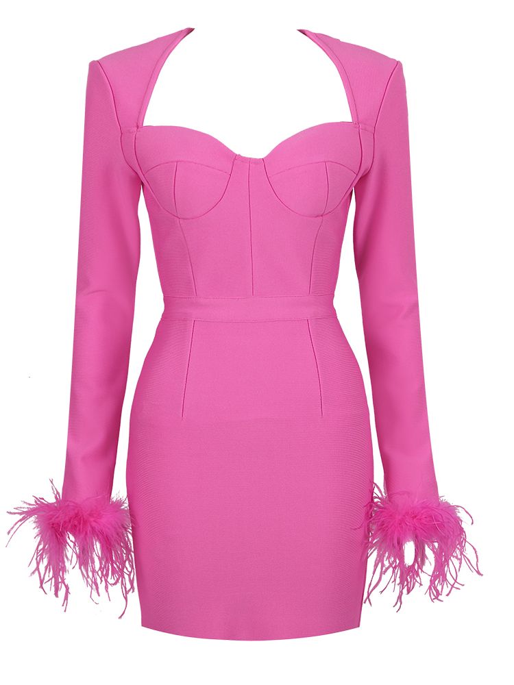 Bella Fancy Dresses US 0 Feather Bandage Dress 2023 Elegant Women's Dresses for Party Mini Sexy Pink Long Sleeve Christmas Evening Club Outfit New Year