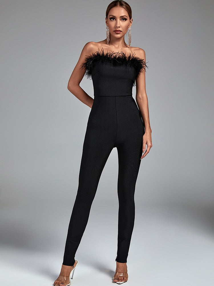 Bella Fancy Dresses US 0 Feather Bandage Jumpsuit Women Black Bodycon Jumpsuit Evening Party Elegant Sexy Birthday Club Outfits 2022 Summer New Arrival