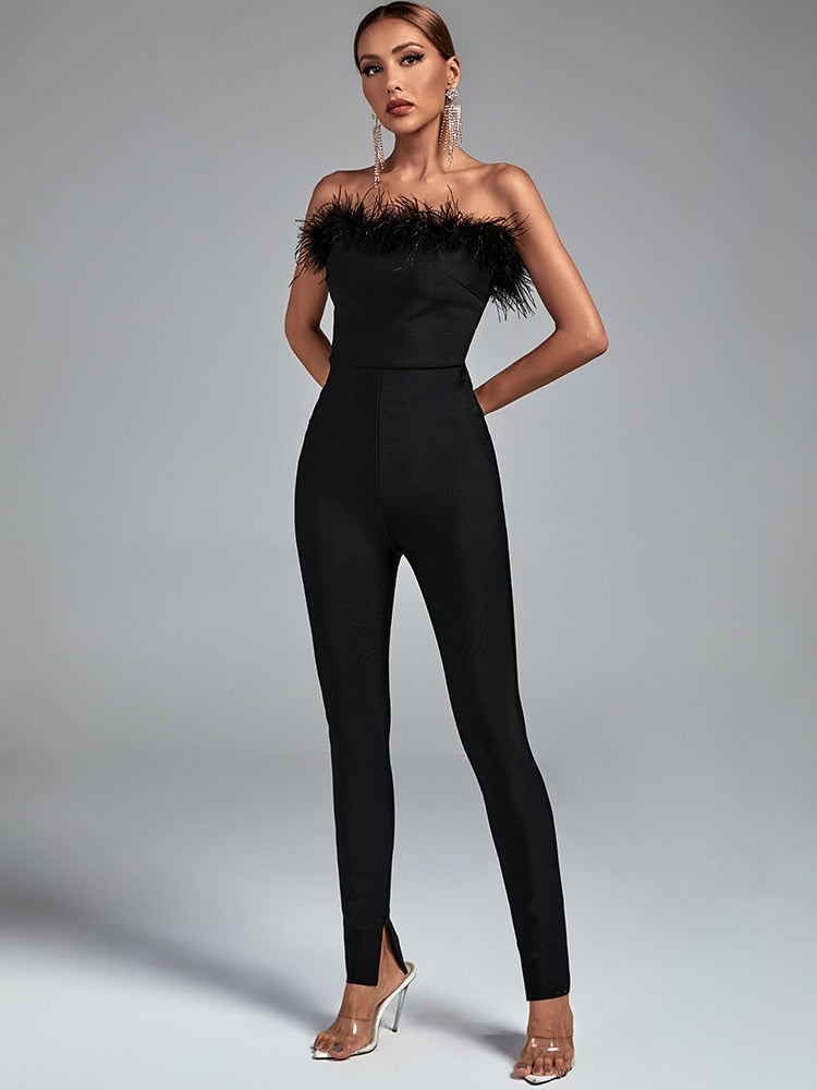Bella Fancy Dresses US 0 Feather Bandage Jumpsuit Women Black Bodycon Jumpsuit Evening Party Elegant Sexy Birthday Club Outfits 2022 Summer New Arrival