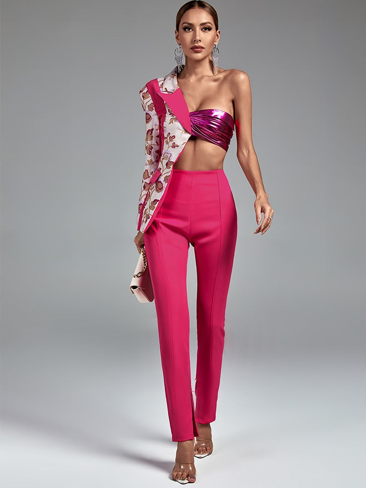 Bella Fancy Dresses US 0 Jacquard Evening Party Two Piece Set Pink Elegant Sexy One Shoulder 2 Piece Pants Set Birthday Club Outfits 2022 New Fashion
