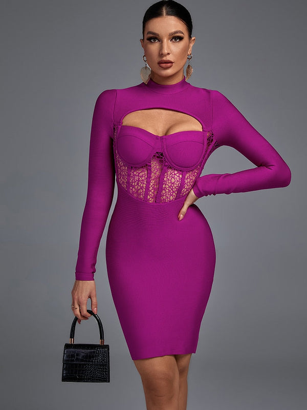 Bella Fancy Dresses US 0 Lace Bandage Dress 2022 Women Long Sleeve Bandage Dress Bodycon Elegant Sexy Cut Out Evening Party Dress Summer Club Outfits