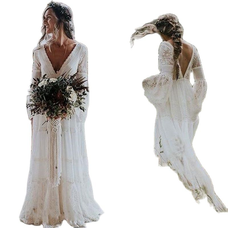 Bella Fancy Dresses US 0 Lace Boho Wedding Dresses Long Sleeves A-Line Backless Sweep Train Pleats Beach Bridal Gowns Bride Dress Vestido de noiva