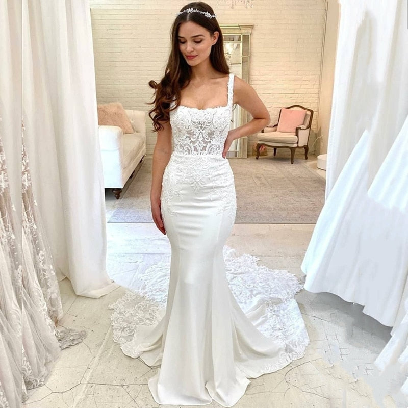 Bella Fancy Dresses US 0 Lace Mermaid Wedding Dress 2022 Square Collar Fashion Sleeveless Zipper Bride Dress