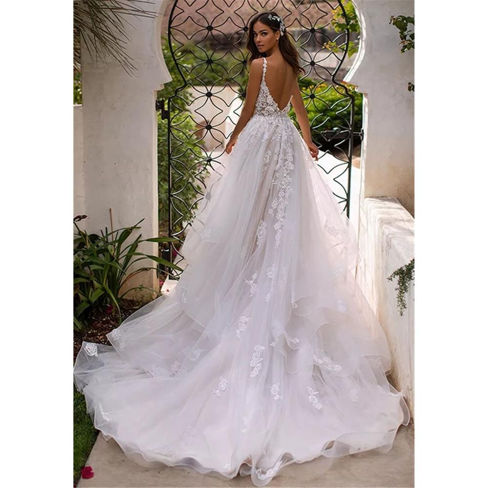 Bella Fancy Dresses US 0 Long Boho A-Line Backless Wedding Dress 3D Flowers Spaghetti Straps Bride Dresses Princess Floor Length Wedding Gowns