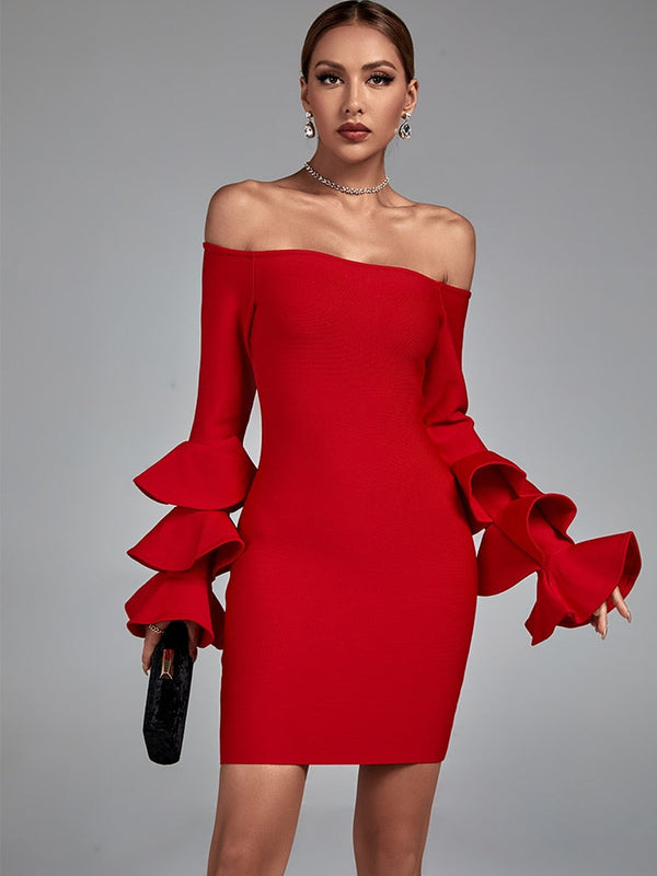 Bella Fancy Dresses US 0 Long Sleeve Bandage Dress Red Bodycon Dress Evening Party Elegant Sexy Off Shoulder Birthday Club Outfit 2022 Autumn Winter