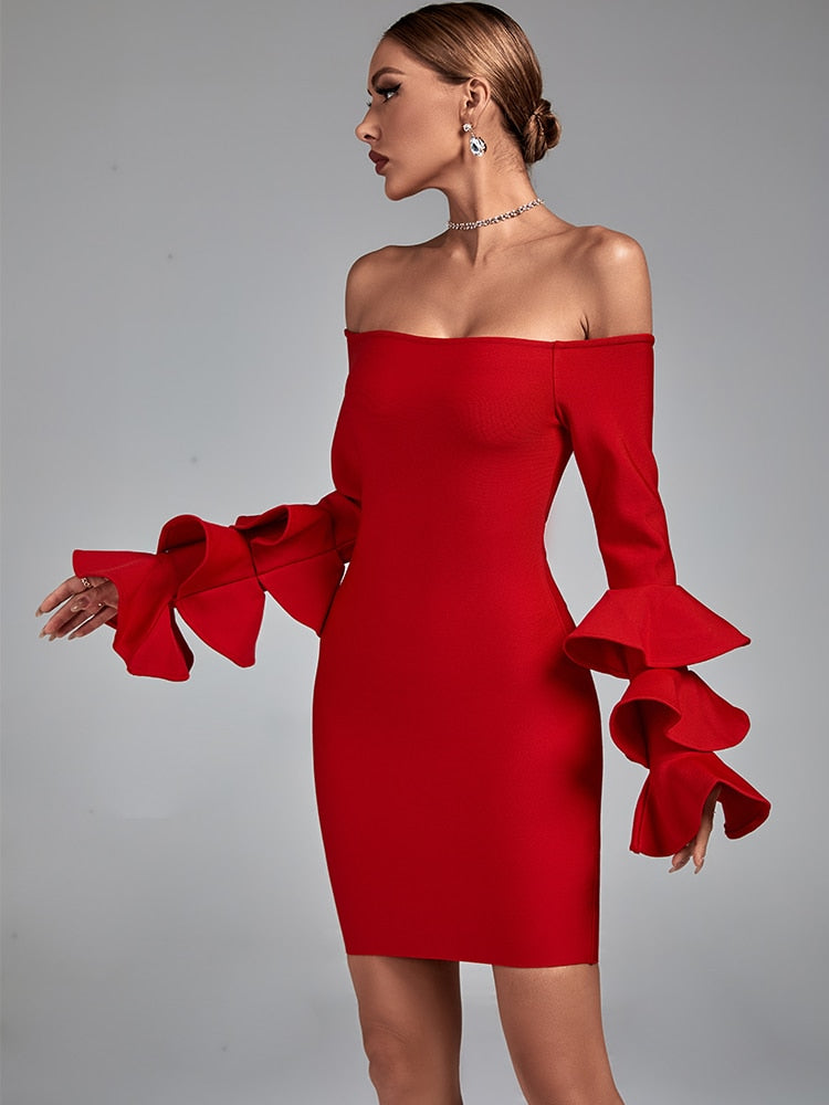 Bella Fancy Dresses US 0 Long Sleeve Bandage Dress Red Bodycon Dress Evening Party Elegant Sexy Off Shoulder Birthday Club Outfit 2022 Autumn Winter