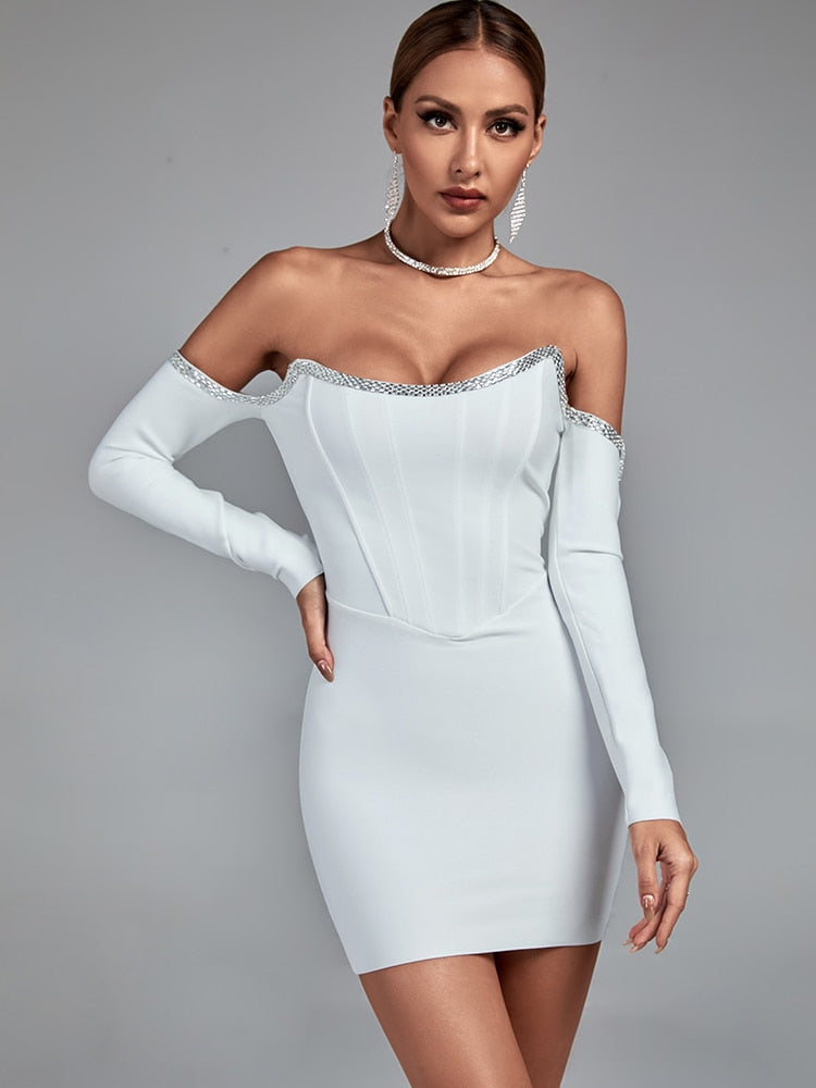 Bella Fancy Dresses US 0 Long Sleeve Bandage Dress White Bodycon Dress Evening Party Elegant Sexy Off Shoulder Mini Birthday Club Outfits 2022 Autumn