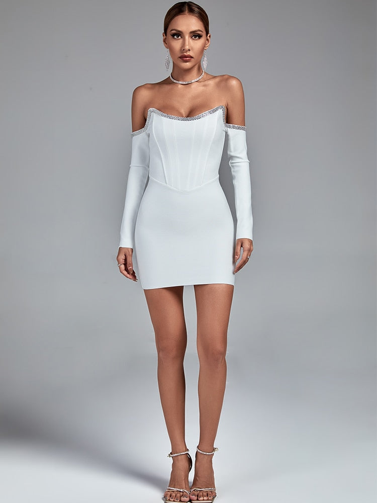 Bella Fancy Dresses US 0 Long Sleeve Bandage Dress White Bodycon Dress Evening Party Elegant Sexy Off Shoulder Mini Birthday Club Outfits 2022 Autumn