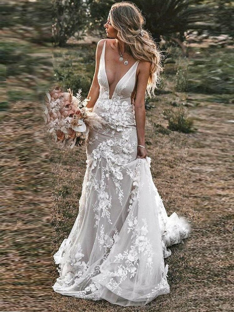Bella Fancy Dresses US 0 LORIE Vintage Mermaid Wedding Dresses 2020 V-neck Backless Lace Appliques 3D Flowers Country Bridal Gown Plus Size Custom Made