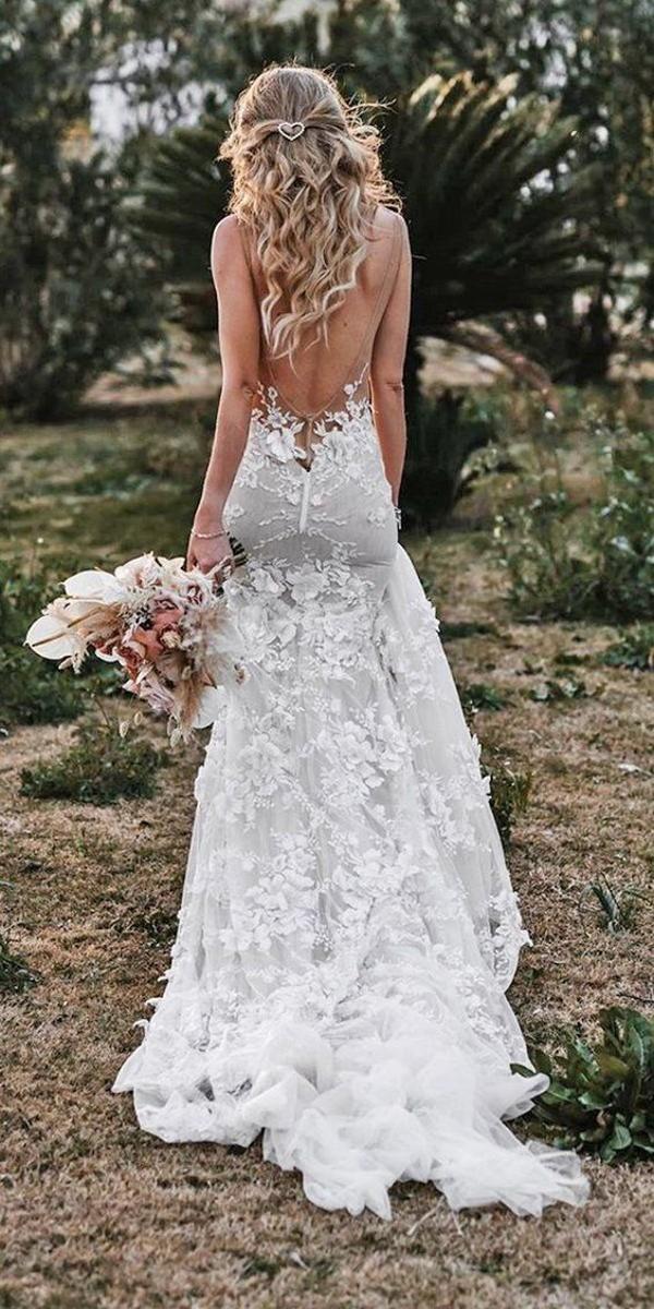 Bella Fancy Dresses US 0 LORIE Vintage Mermaid Wedding Dresses 2020 V-neck Backless Lace Appliques 3D Flowers Country Bridal Gown Plus Size Custom Made
