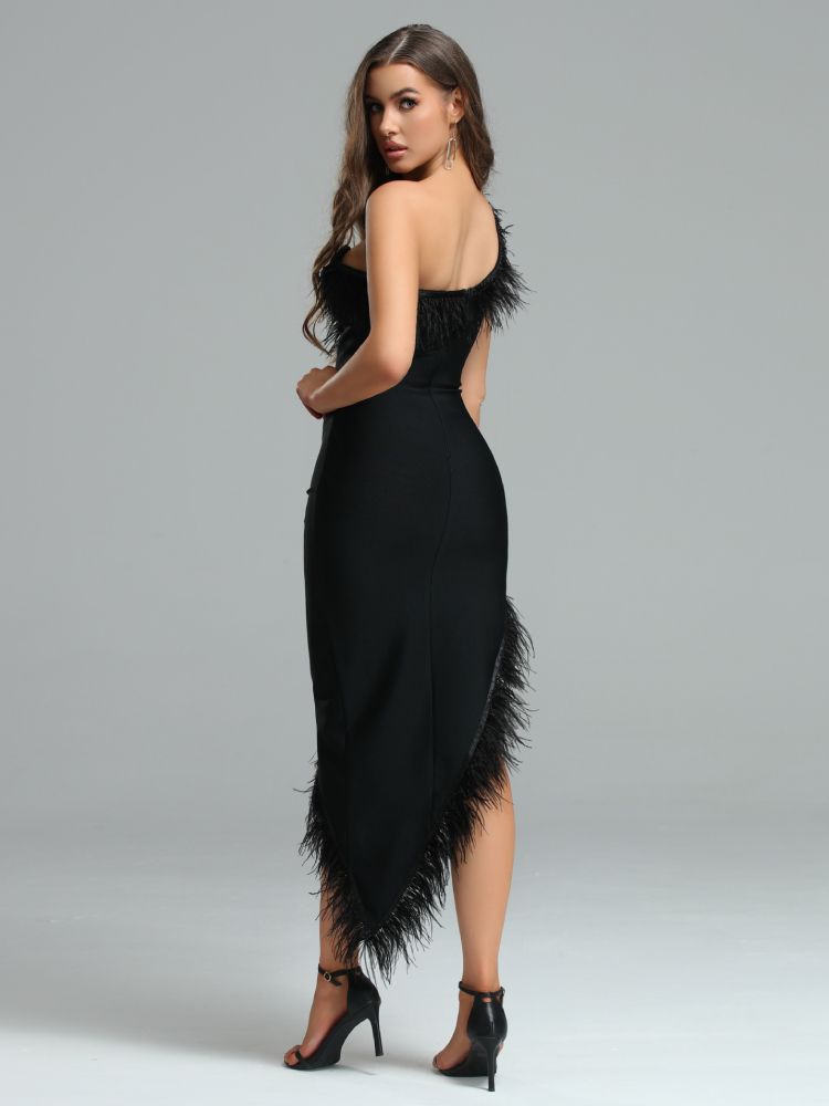Bella Fancy Dresses US 0 Maxi Long Bandage Dress Feather Party Dress Bodycon Elegant Sexy One Shoulder Black Christmas Birthday Evening Club Outfit 2023