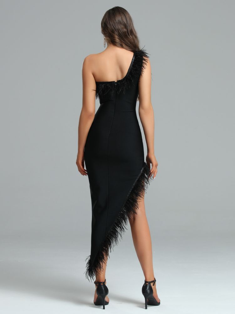 Bella Fancy Dresses US 0 Maxi Long Bandage Dress Feather Party Dress Bodycon Elegant Sexy One Shoulder Black Christmas Birthday Evening Club Outfit 2023
