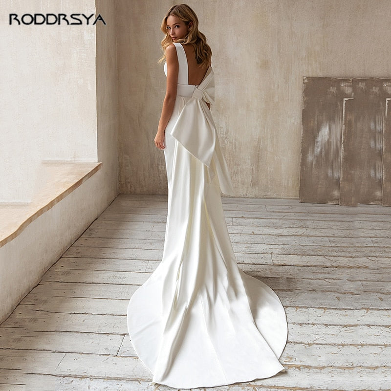 Bella Fancy Dresses US 0 Mermaid Wedding Dresses With Detachable Train Bow Simple Wedding Gown For Bride Vestidos De Novia Corte Sirena 2022 Bridal Party