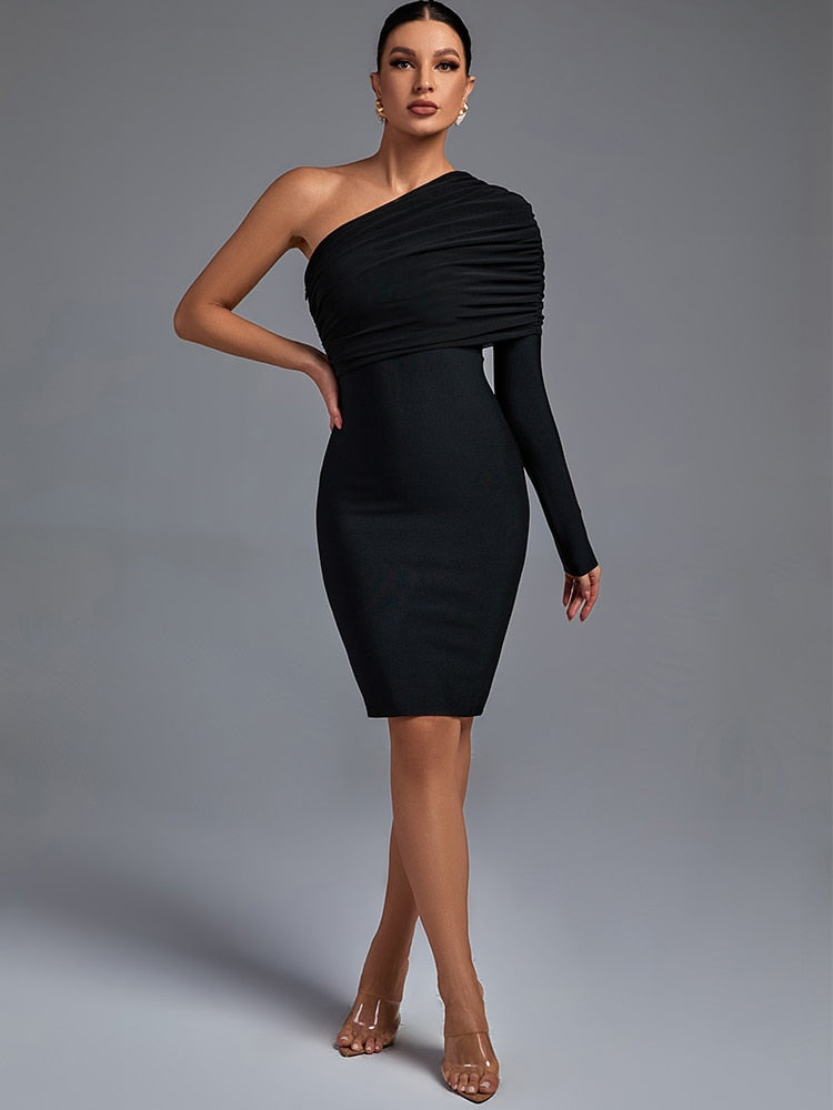 Bella Fancy Dresses US 0 Mesh Long Sleeve Bandage Dress Black Bodycon Dress Evening Party Elegant Sexy One Shoulder Birthday Club Outfit 2022 New Arrival