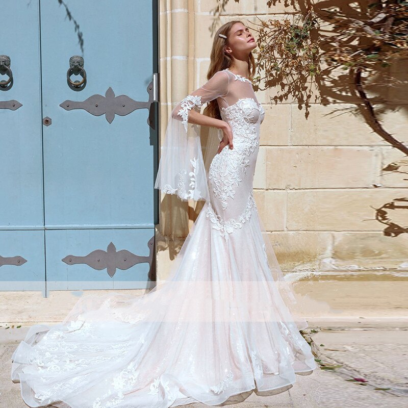 Bella Fancy Dresses US 0 Modern Lace Mermaid Wedding Dress Flare Sleeve Beach Tulle O-neck Bride Gown For Women Illusion Pleats 2022 Vestido De Novia