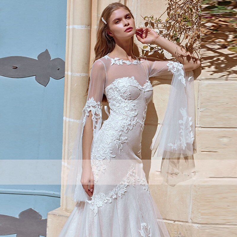 Bella Fancy Dresses US 0 Modern Lace Mermaid Wedding Dress Flare Sleeve Beach Tulle O-neck Bride Gown For Women Illusion Pleats 2022 Vestido De Novia