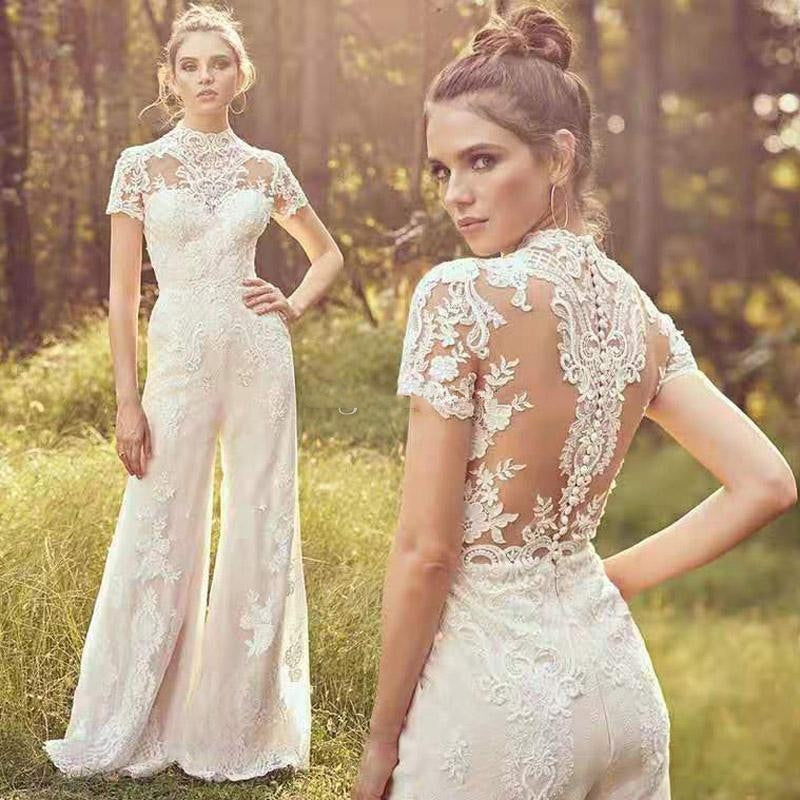 Bella Fancy Dresses US 0 New Country Jumpsuits 2021 Wedding Dresses Custom Made Elegnat  High Neck Short Sleeve Lace Appliqued Beach Boho Bridal Gowns