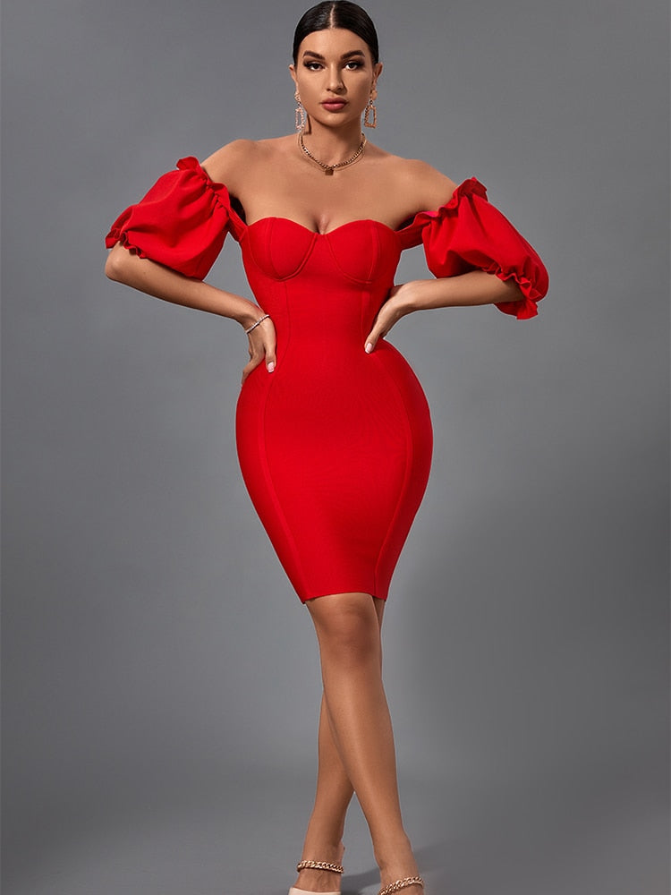 Bella Fancy Dresses US 0 Off Shoulder Bandage Dress 2022 New Women Red Bandage Dress Elegant Sexy Mini Evening Club Party Dress High Quality Summer