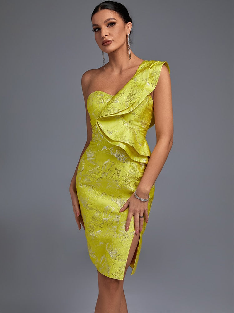 Bella Fancy Dresses US 0 One Shoulder Party Dress 2022 Women Yellow Bodycon Dress Elegant Sexy Ruffle Evening Club Dress High Quality Summer Outfit