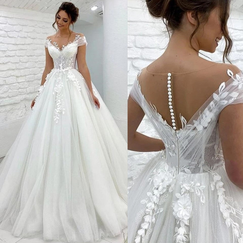 Bella Fancy Dresses US 0 Pricess Ball Gown Wedding Dress 3D Flowers Off The Shoulder Bridal Gown With Train  Weddig Gown Sexy V-Neck Tulle Robe De Mariée