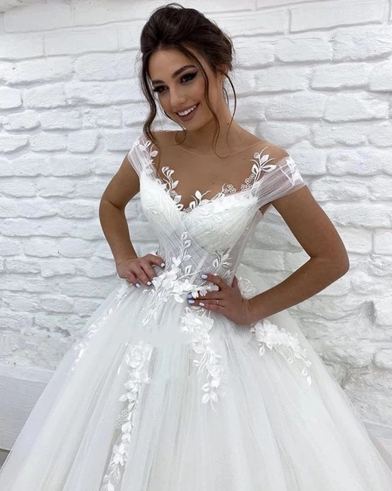 Bella Fancy Dresses US 0 Pricess Ball Gown Wedding Dress 3D Flowers Off The Shoulder Bridal Gown With Train  Weddig Gown Sexy V-Neck Tulle Robe De Mariée