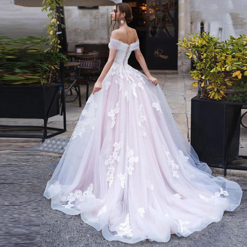 Bella Fancy Dresses US 0 Princess Boat Neck Pink Wedding Dress Lace Up Fashion Tulle Lace Bride Dress With Backless Ball Gown Customized Vestido De Novia
